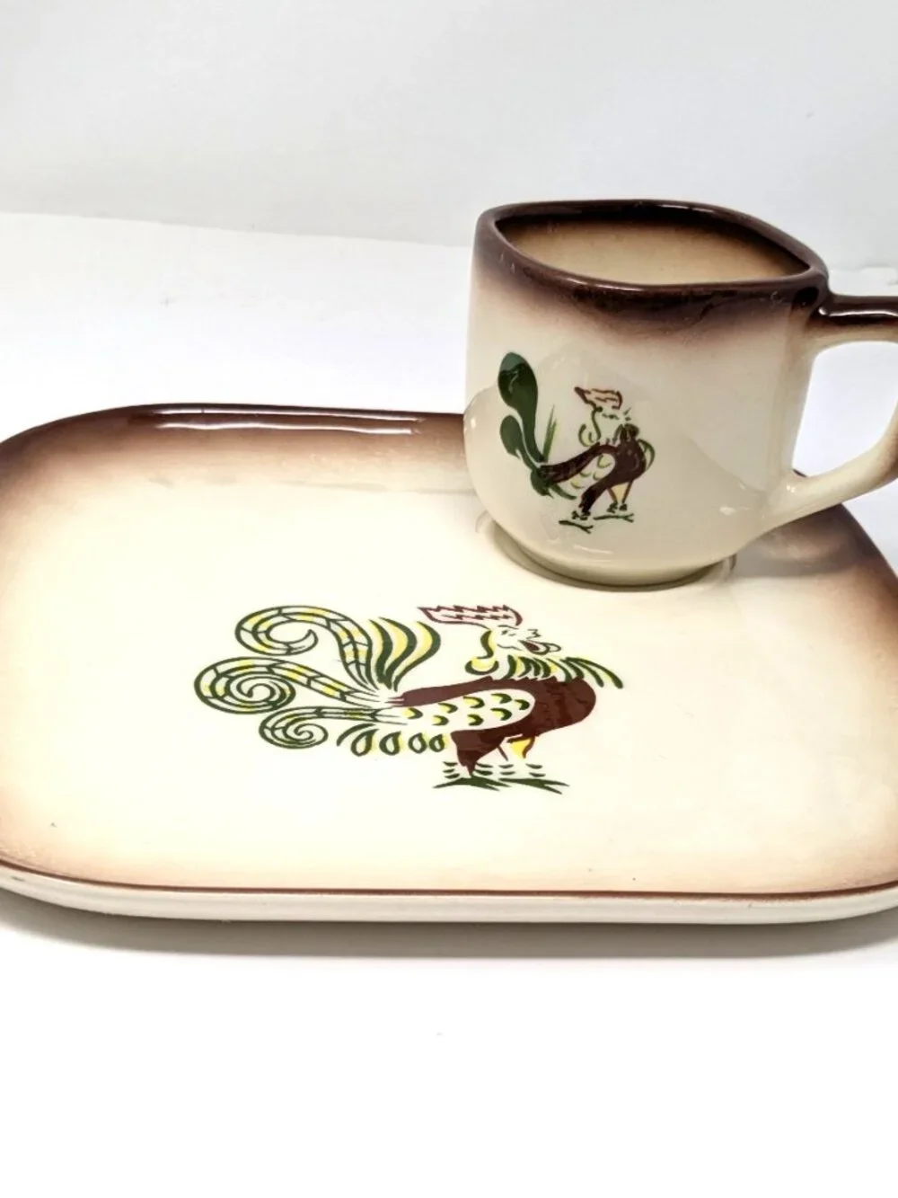 Brock of California Chanticleer Rooster Snack Plate w cup VTG 50s MCM Kitsch